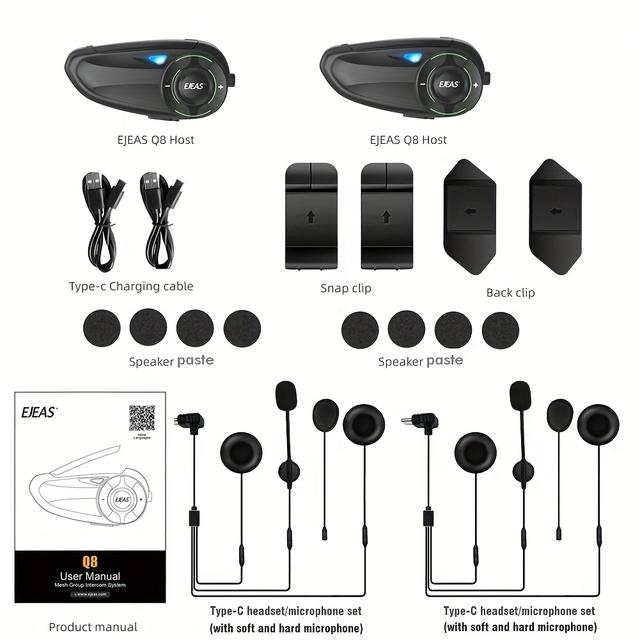 TEMU Ejeas Q8 Motorcycle Helmet Communication Intercom System Wireless B T 5, 1, Mesh - To 6 , Music And Intercom Simultaneously, Operation, Music , High Definition Speakers -
