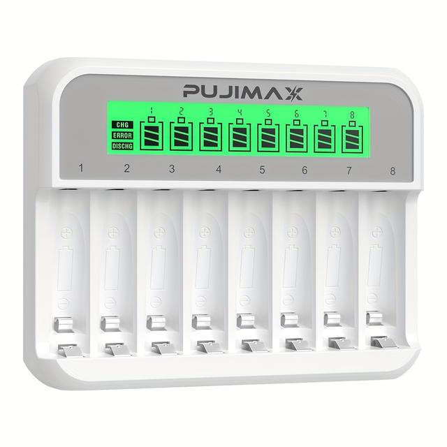 TEMU PUJIMAX Новий 8-слотовий розумний зарядний пристрій для акумуляторів 1.2V AAA/AA Ni-Mh-Ni-Cd, без акумуляторів