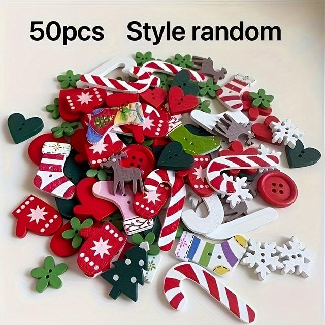 TEMU 50 botões de madeira variados de Natal - Padrões festivos de de Natal, de e luvas - Ideal para artesanato DIY, scrapbooking, acessórios de cabelo e decorações de presentes - Material de madeira