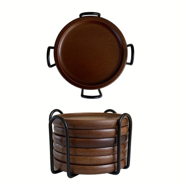 TEMU 6pcs/1 Set Japanese Bamboo Wooden Heat-resistant Coasters With 1 Iron Stand, Solid Wood Tea Cup Coasters For Home Use, Tray Heat-resistant Pads, Zen-style Wooden Coasters
