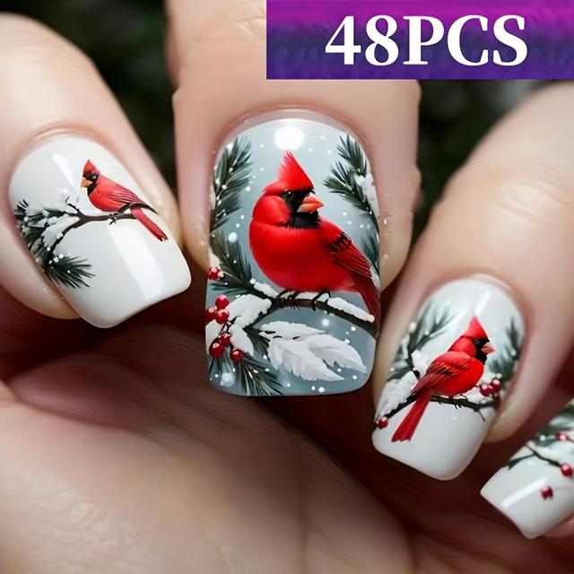 TEMU 48pcs Christmas Style, Snowy Christmas On Pine Branch Artistic Nail Art, Removable Press - On False Nails