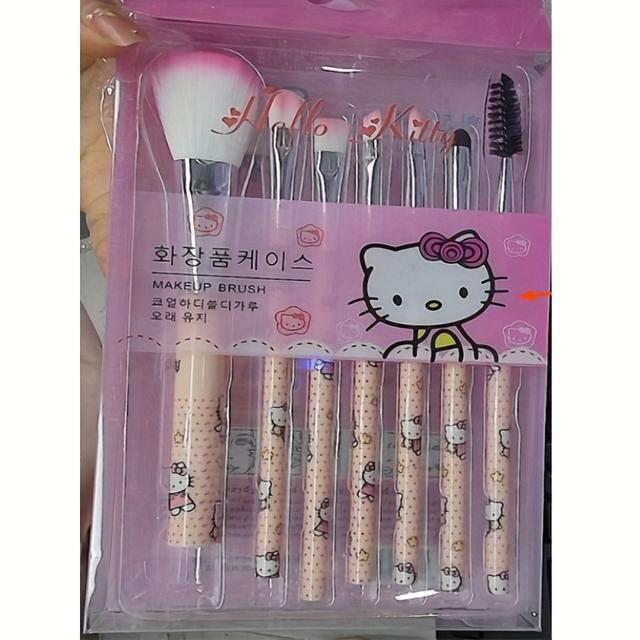 TEMU Juego de 7 Brochas Sanrio Cartoon Cat para Principiantes: Para , Cejas y - Herramientas de Belleza, Diseño Divertido, Cerdas Suaves, Aplicación , Ideal para Amantes del Maquillaje