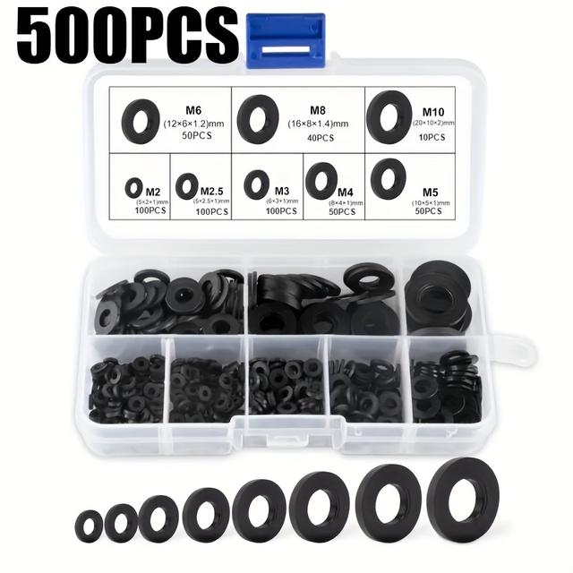 TEMU 250/350/500pcs Black Nylon Flat Ring Sealing Gasket Type Kit, Loosening And Preventing Plastic Gasket, Suitable For Repairing Faucets And Water Hose Furniture