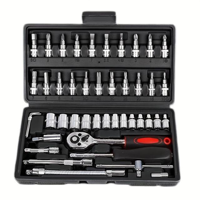 TEMU 46피스 헤비듀티 공구 세트 - 래칫 토크 렌치, 소켓 및 드라이버 포함 - 자전거 및 자동차 수리용, DIY 및 전문 정비사용 자동차 공구 세트 (46개 도구)