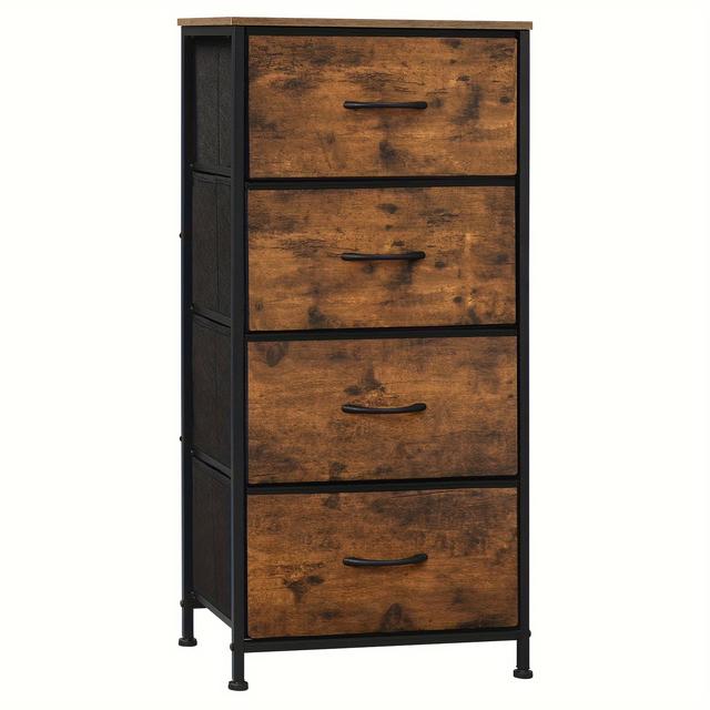 TEMU 1 pza.s cómoda estrecha, cómoda con 4 cajones de tela, cómoda de almacenamiento aparador para dormitorio, , pasillo, estilo industrial, marrón vintage negro