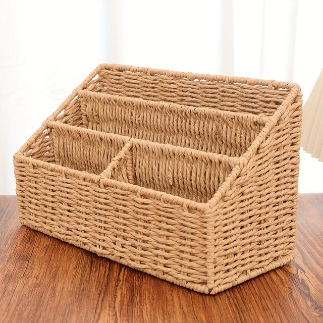 TEMU Creative Partitioned Rattan Remote Control And Office Organizer Box For Desk Or Coffee Table, Shelf Baskets