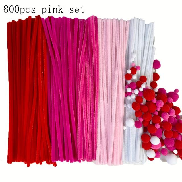 TEMU 800 Stück Pom Pom Kunstset, 5 rote Rohre und 5 Größen Serien, Valentinstag Handwerk, DIY Bastelzubehör, flauschige Aufkleber, Chenille Stiele