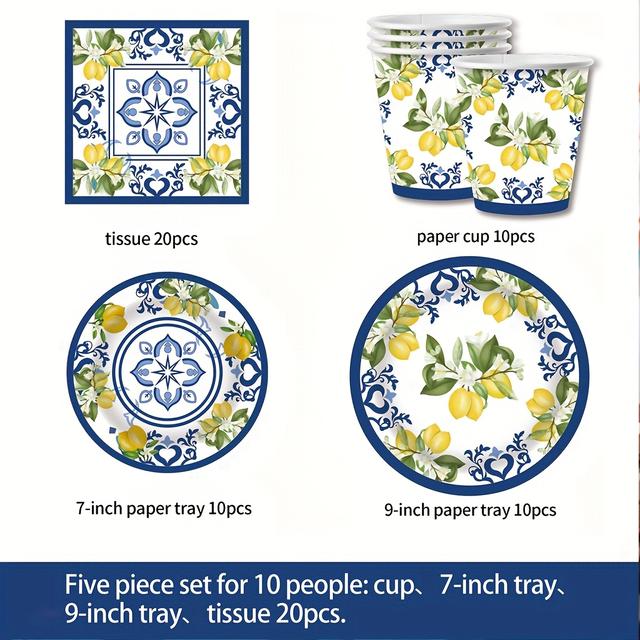 TEMU 50pcs Lemon-themed Disposable Tableware Set - Round Paper Plates, Cups, And Napkins Suitable For Picnics, Parties, And Holidays - All- Lemon Design