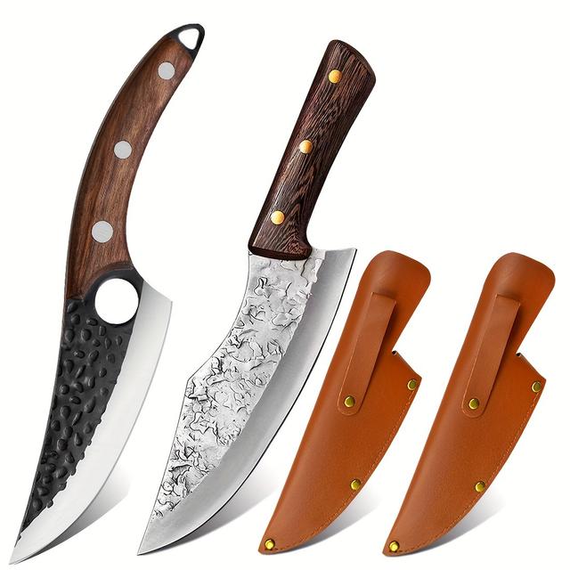 TEMU 2pcs Of Cooking Knives, Kitchen Knives With Leather Sheaths - Hand- Chef's Knives, Perfect For Cutting, Japanese Sharp Knives For Home Use.