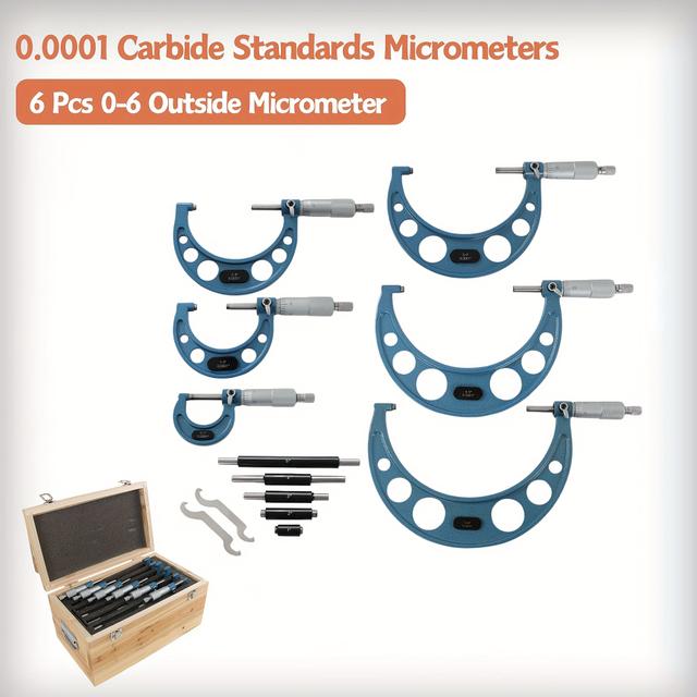 TEMU 0-6" Outside Micrometer Set (0-1", 1-2", 2-3", 3-4", 4-5", 5-6"), 0.0001" Accurate Carbide Ratchet Handle Precision Machinist Tool Set With Carbide Tip