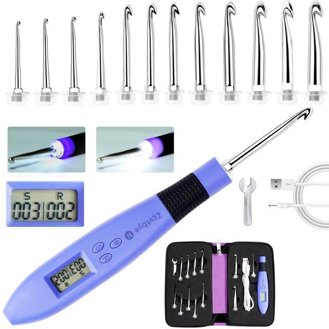 TEMU A Collection Of Illuminated Crochet Hooks Featuring 12 Rechargeable , Accompanied By A Compact Zippered Case With A Small Wrench, Offering Interchangeable Hook Sizes Ranging From 2.0 To 8mm.