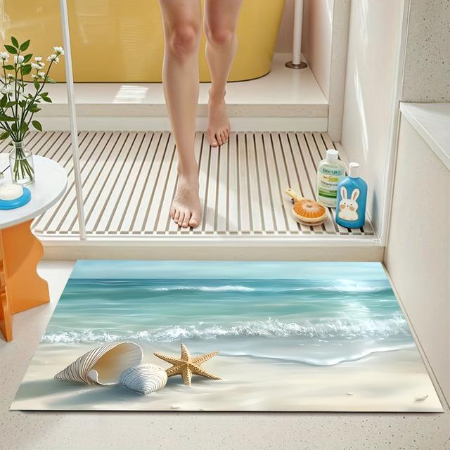 TEMU A Product Featuring A Bathroom Non-slip Mat With Ocean-themed Shell And Starfish Patterns. Absorbent, Machine Washable, And Made Of Towel Fabric, Suitable For Shower Areas, Doorways