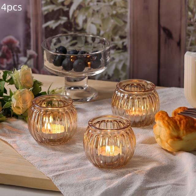 TEMU 4/6 Stück Halloween Kürbiswünsche Kerzenhalter für Tischdekoration, Geripptes Glas Teelichter mit Großer Kapazität für Hochzeitsdeko, Geburtstagsfeiern, Jubiläen, Feste und Heimdekoration
