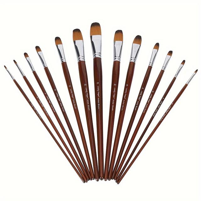 TEMU 13pcs Professional Artist Filbert Paint Brushes Set Premium Nylon Hair Wood Long Handle For Watercolor Acrylic Gouache Ink Tempera