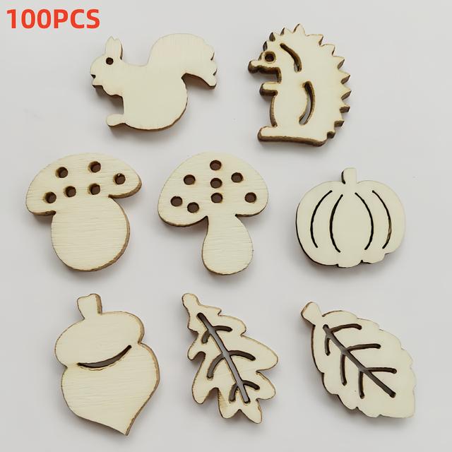 TEMU Mixed 100pcs Wooden Hedgehog Mushroom Leaf Shapes, Handmade Diy Decorative Paintings, Wooden Crafts, Creative Items, Unfinished Wood