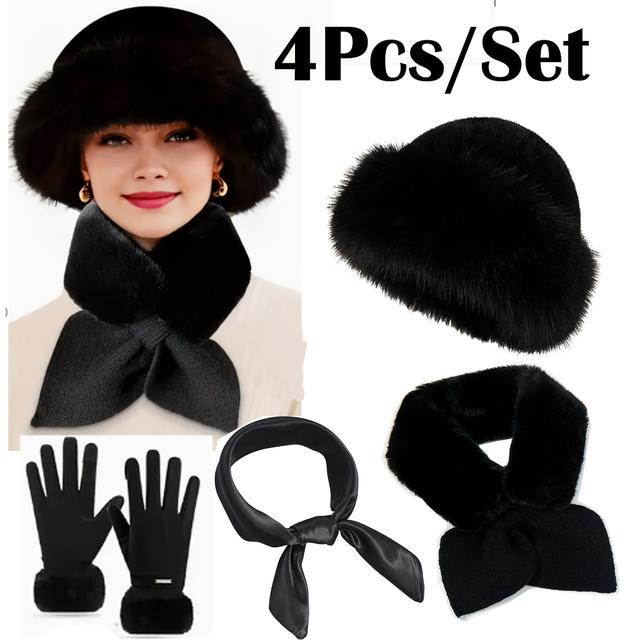 TEMU Four-piece Warm Set, Warm Hat, Fashionable , Faux Fur Scarf, , Outdoor Gloves, Warm Gloves, Suitable As A Gift For , For Outdoor Activities