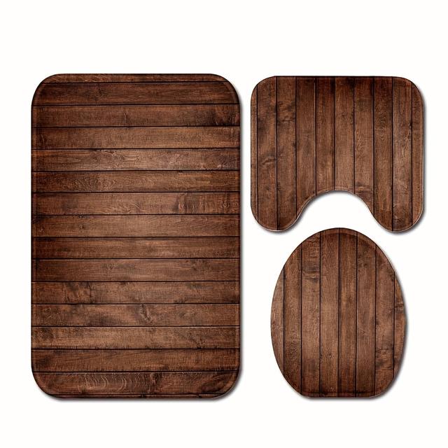 TEMU 3pcs Bathroom Rug Set With U-shaped Toilet Mat - Non-slip, Machine Washable, Wood Grain Design For Home & Hotel