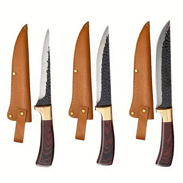 TEMU Mooues 3pcs Kitchen Knife Set - Hand- Sharp Butcher Boning Viking Knife For Chefs. Professional Ultra-sharp Meat-cutting Knife With Sheath. Kitchen Decoration Accessories