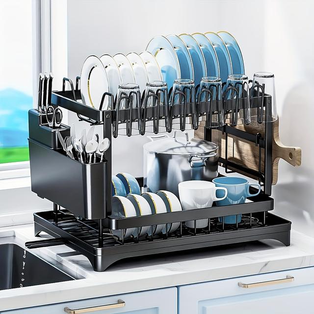 TEMU Dish Drying Rack, 2 Tier Large Dish Drying Rack For Kitchen Counter With Stainless Steel Dish Drainer For Dish/knifes/cup/cutting Board