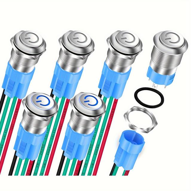TEMU 6pcs 12mm Latching Metal Push Button Switch | Blue Led Power Logo, 4-pin, Panel Mount, Stainless Steel, Solder , Daiertek Brand For Automotive