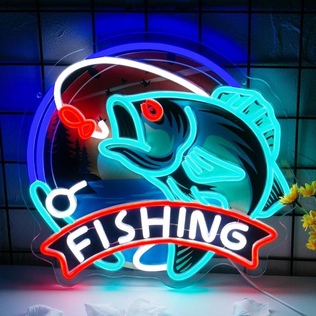 TEMU ไฟ LED สำหรับตกปลาที่สามารถปรับได้พร้อมไฟเนอนและพลังงาน USB - ไฟตกแต่งผนังที่สดใสสำหรับห้องเก็บของชาย, ห้องนอน, และร้านขายอุปกรณ์ตกปลา - ของขวัญวันเกิดหรือวันพ่อที่สมบูรณ์แบบ, ตกแต่งตกปลา