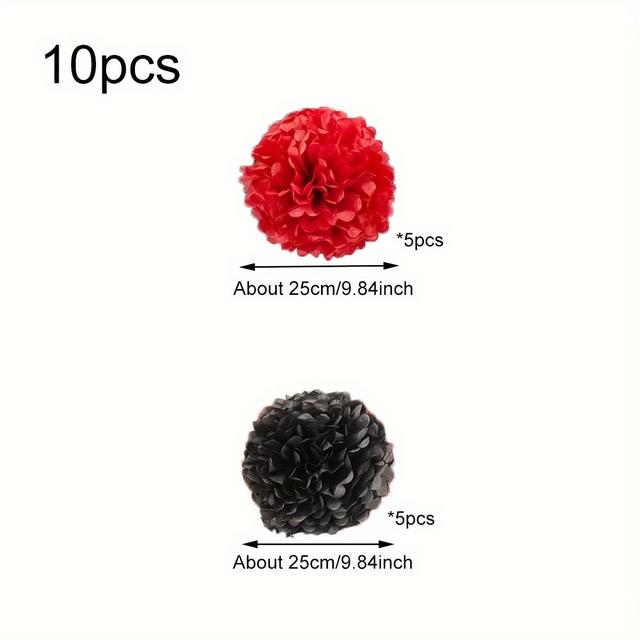 TEMU 1set/10pcs Black + Red Pompom Set, Creative Matching Hanging Paper Ball Decorations, Suitable For Weddings, Birthdays, Holiday Party Background Decorations, Home Decoration Supplies