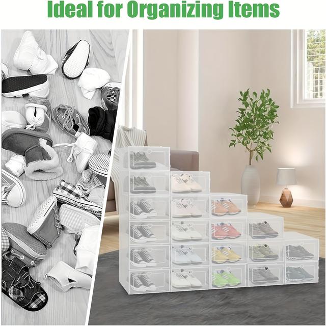 TEMU 24pcs Shoe Storage Box Plastic Shoe Storage Box Transparent Shoe Drawer Stackable Folding Storage Box Small Stackable Plastic Shoe Box White