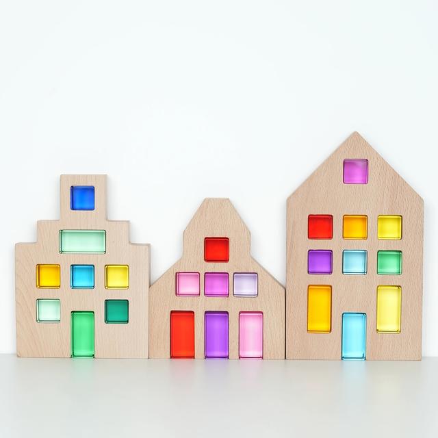 TEMU 3 Wooden Houses And 25 High- Colorful Acrylic Blocks/castle Wooden Craft Light & Shadow Building Block Toy Set, Suitable For Children Aged 3+, Furniture Decorations, Birthday Gift