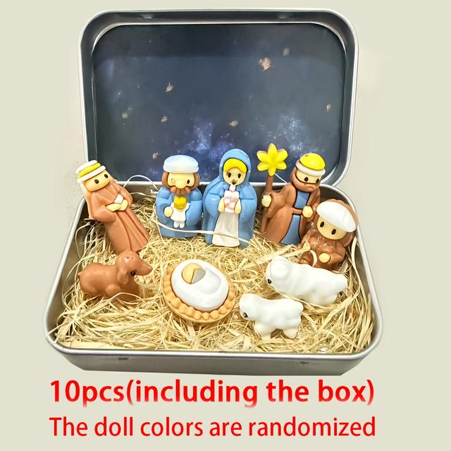 TEMU [3d Flat] 10pcs Mini Christmas Nativity Set In Tin Box | Cast Iron, Boho Style, Ideal For Christmas And Easter Decorations