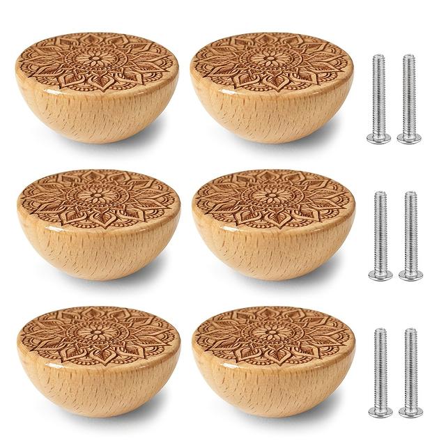 TEMU 6pcs Handcrafted Wood Bowl Shaped Handles, Engraved Design, Polished , Hole Drawer Pulls For Dressers, Cabinets, Kitchen, Furniture Decoration