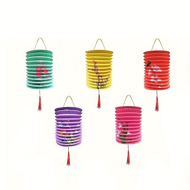 TEMU A Set Of 5 Colorful Paper Lanterns Featuring Floral And Bird Designs, Durable And Easy To Assemble, Suitable For Home, Outdoor Parties, And Classroom Decorations