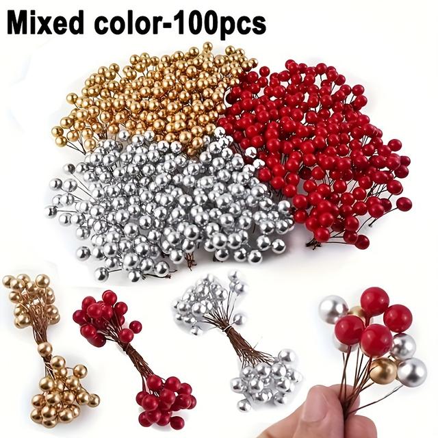 TEMU 100pcs Mixed Color Artificial Red Berries – Realistic Simulated Fruit Trees, Perfect For Making And Home Decor, Christmas Decorations, Holiday Decorations, Party Decorations