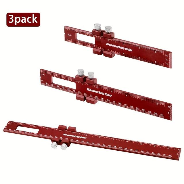 TEMU 3pcs Ruler, 6/8/12 Inch Precision Pocket Ruler With Stopper, Aluminum Metal Ruler, Metric And Imperial Measurement Ruler For Woodworkers, Mechanics, Engineers Red