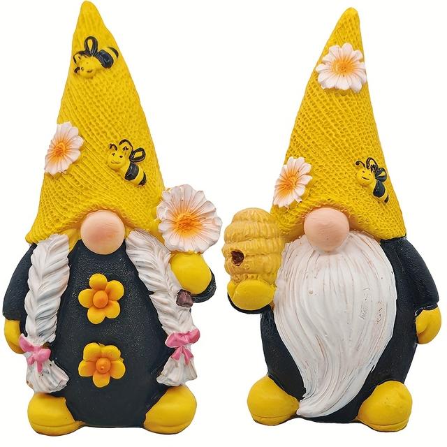 TEMU 2pcs American Rustic Resin Gnome Statues - Easter Garden Decor With Floral Accents, Weather-resistant Outdoor Yard & Patio Statues, Freestanding Whimsical Decorations For Spring Summer