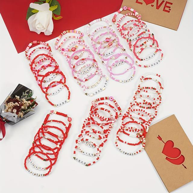 TEMU 28pcs Valentine's Day Soft Clay Women's Elastic Bracelet With Pendant, Stackable Women's Bracelet, Valentine's Day Gift