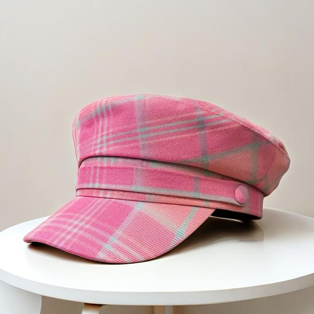 TEMU 여성 핑크 체크 베레모 모자 - 부드러운 밀리터리 스타일 캡, 조절 가능한 버클 클로저, 가벼운 사계절 빈티지 남녀공용 베레모, 십대 및 여성용, 캐주얼 레트로 패션 액세서리 (베레모, 밀리터리 캡), 귀여운 모자, , 발랄한 디자인, 여름, 반짝이모자 여성 베레모, 베레모 모자 여성, 겨울 모자, 여성여름모자, 모자 여성 예쁜