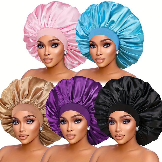TEMU Gorros de satén para mujer, 5 unidades, borde ancho elástico - gorro de dormir elegante y ajustado, y transpirable para el cuidado del cabello