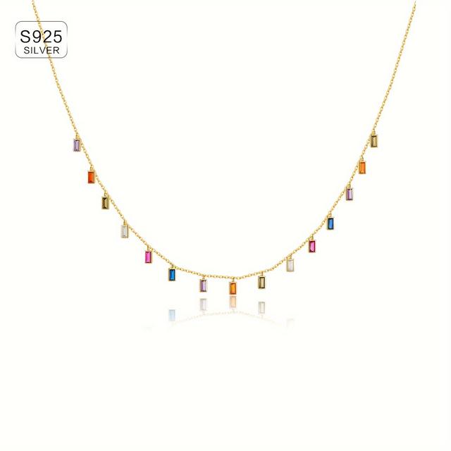 TEMU 3.33g 925 Silver Geometric Colorful Tassel Necklace, Inlaid With Multicolor Synthetic Zirconia Elegant Collarbone Chain For Women