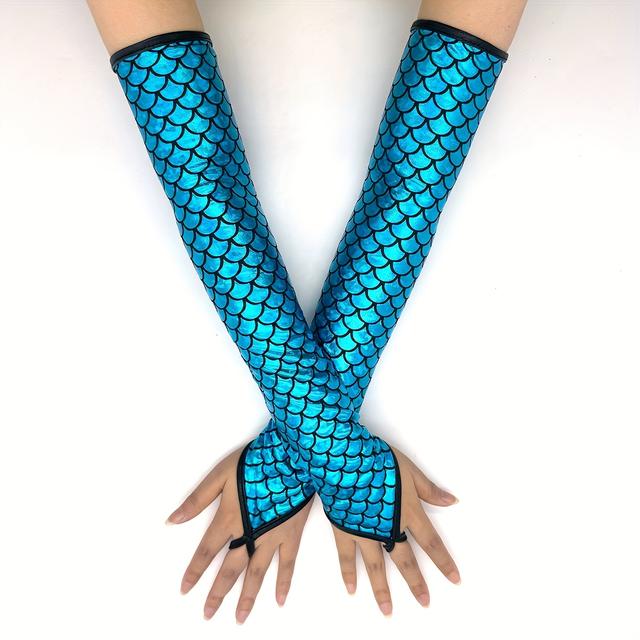 TEMU A Pair Of Mermaid Gloves With Fish Scale Patterns, Casual Performances And Parties, Featuring Open Fingers And Golden Accents, Suitable For Mature Beach Celebrations Throughout The Year