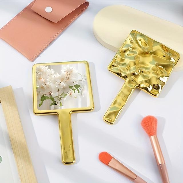 TEMU กระจกแต่งหน้าขนาดใหญ่พิเศษ 6.5 x 3.74 นิ้ว แบบ Light Luxury Electroplated Ripple Retro Mirror สำหรับเป็นของขวัญเจ้าสาวในฤดูแต่งงาน ของขวัญวันแม่ กระจกแต่งหน้าแบบพกพา