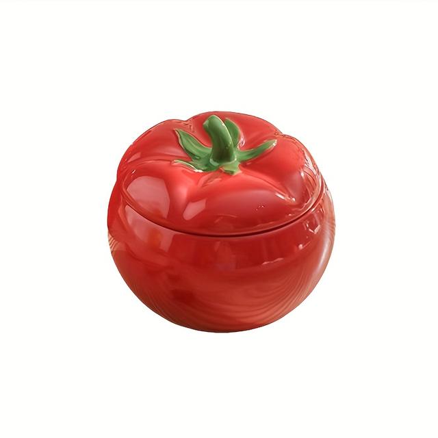 TEMU 1pc Tomato-shaped Ceramic Salt Bottle With Lid - Kitchen And Dining Table Seasoning Container For Spices, Sugar, Red Ceramic Condiment Jar, Ideal For Christmas And New Year Gift