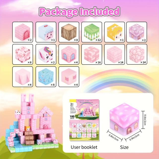 TEMU 100 قطعة مكعبات بناء مغناطيسية مناسبة للأطفال من عمر 3-8 سنوات، مجموعة تجميع مكعبات نموذج مغناطيسي ثلاثي الأبعاد، ألعاب حسية STEM، هدايا عيد ميلاد وهدايا عيد الميلاد المثالية للأولاد والبنات