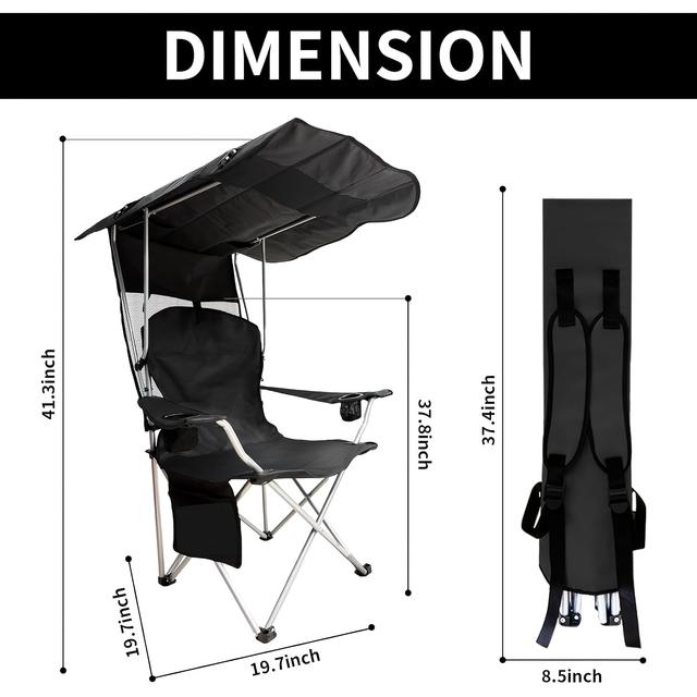 TEMU Portable Camping Chair With Canopy Shade- Folding Camping Lounge Chair With Cup Holder& Side Pocket For Outdoor Camping, Fishing, Beach- Support 330 Lbs(black)