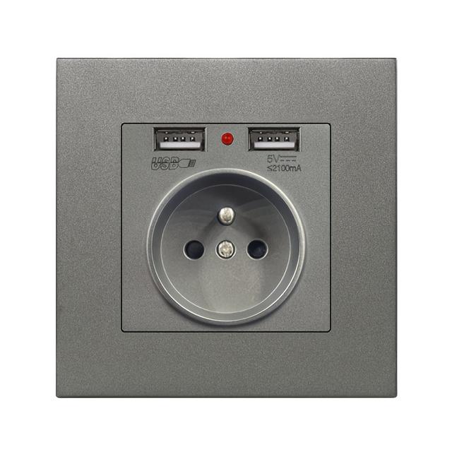 TEMU Eu Standard Socket, Silvery Gray, 16a 250v With Dual Usb And Indicator Light, Flush Mount Wall Plug Suitable For Home, Hotel, Office