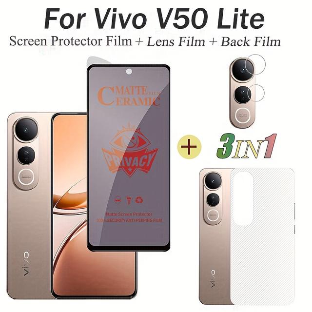 TEMU 3in1 For Vivo V50 Lite Privacy Tempered Glass Soft Film For Vivo V50 Lite Screen Protector+lens Film+back Film