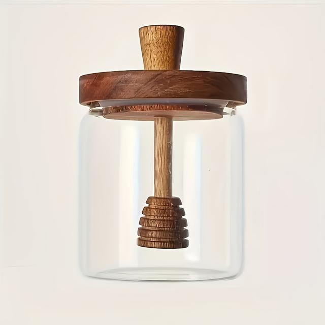 TEMU 1pc Glass Honey Jar With A Design, Easy-to-clean Dispenser For Honey And Syrup Storage, Ideal For Home Kitchens