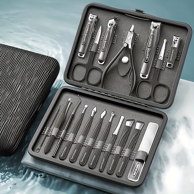 TEMU 18-delars rostfritt stål nagelset för fingrar och tår, pedikyr skönhetsset, nagelvårdsverktyg med lyxigt resfodral, professionellt nagelklipparset, för tånagel- och fotvård