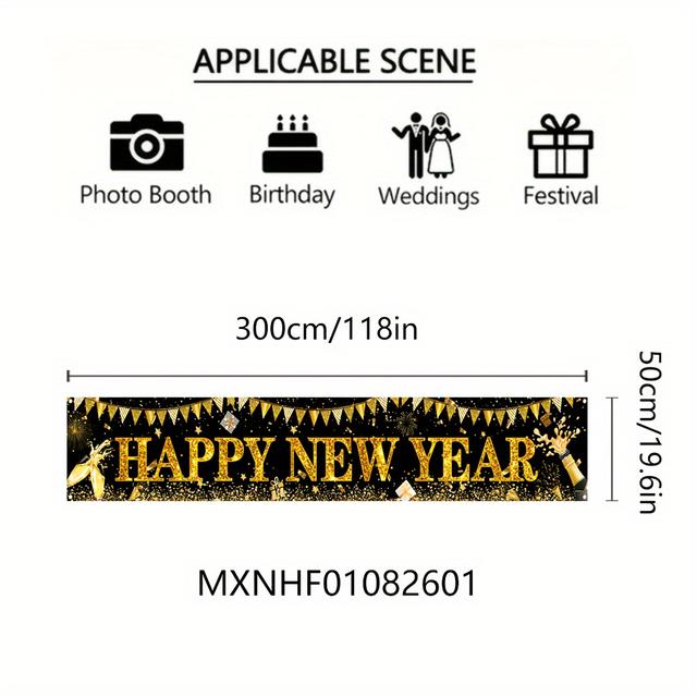 TEMU 해피 뉴 이어 배너 - 1pc 300cm 실내 및 실외용 다목적 폴리에스테르 장식 깃발, 축하 블랙 & 골든 뉴 이어 파티 배너, 전기 필요 없음.