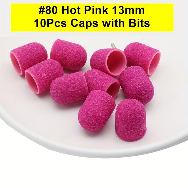 TEMU 10db Körömcsiszoló Sapkák Körömcsiszoló Fúrók Bit #80 #120 #180 Szemcséjű Lábcsiszoló Eltávolítóhoz Manikűr Pedikűr Körömpolírozó Burr Szalon Használatra, Forró Rózsaszín (13mm)