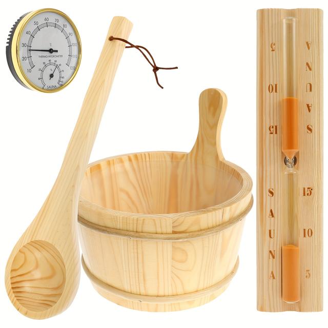 TEMU Set Of 4 Sauna Additions That Can Heat - Includes A Wooden Bucket, Ladle, Hourglass, And Thermometer For Your For Home Spa And Wooden Sauna (sauna Bucket Kit, Bath Essentials)